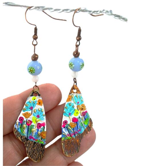 Butterfly Wing Earrings Artisan Made Copper Hand Painted Floral Art Colorful NEW - Picture 1 of 10